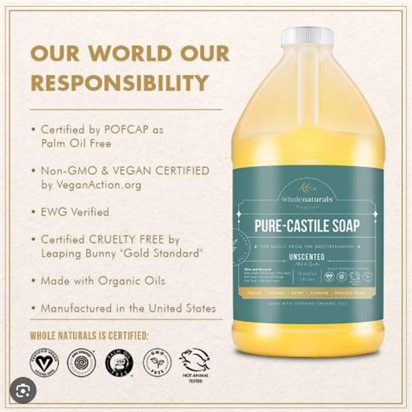 Whole Naturals Pure Castile Soap 1 Gallon Liquid Unscented