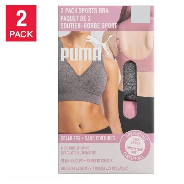 Puma 2-Pack Seamless Sports Bras, Size XL, Convertible Straps
