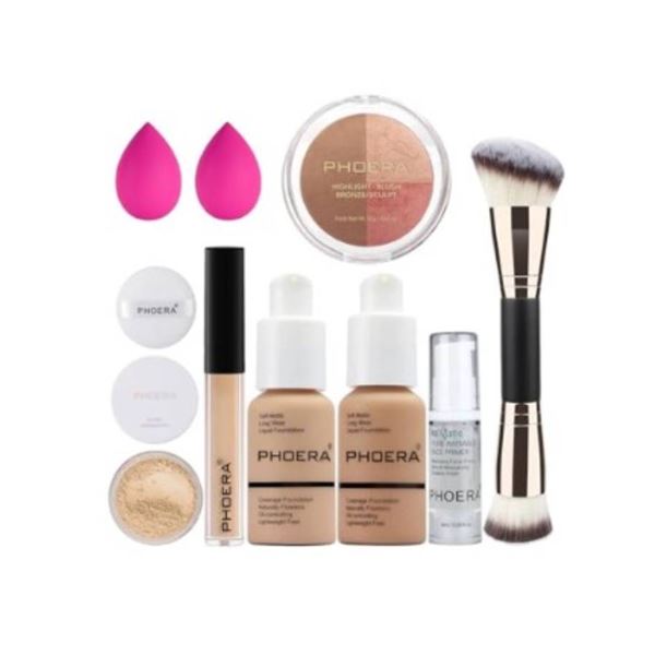 Phoera Foundation, Concealer, Primer, Powder, Blush, and Makeup Tool Set