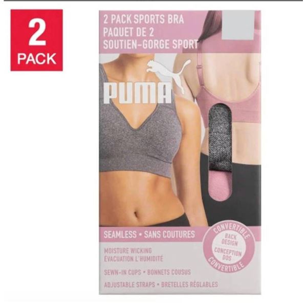 Puma 2-Pack Sports Bra Set with Convertible Back Design, Size Large