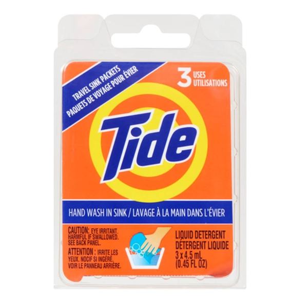 Lot of 3 – Tide Travel Sink Packets, Liquid Detergent, 3 Uses, 0.45 fl oz