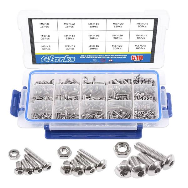 Glarks 510Pcs M3 M4 M5 304 Stainless Steel Allen Hex Drive Button Head Socket Cap Bolts Screws Assor
