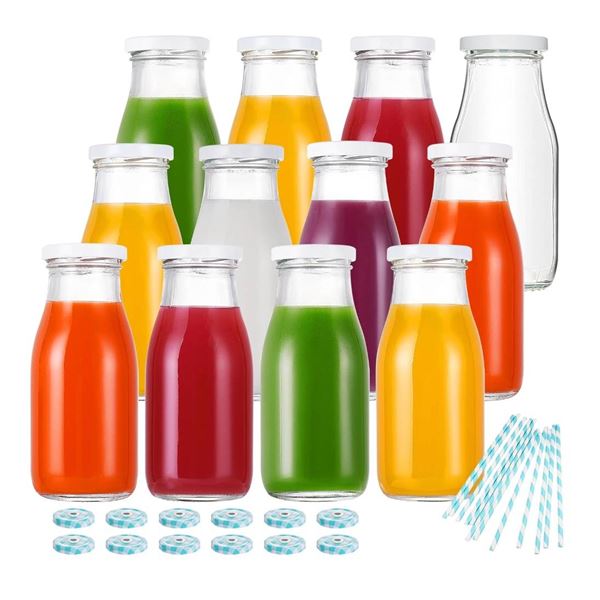 Yeboda 11oz Glass Milk Bottles, Set of 12 With Metal Lids and Straws