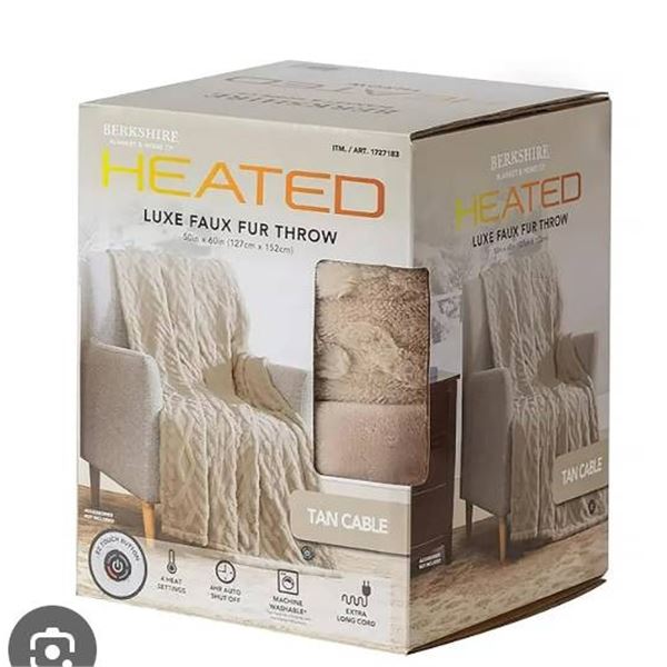 Berkshire Luxe Faux Fur Heated Throw, Tan Cable – 50 x 60 Inches