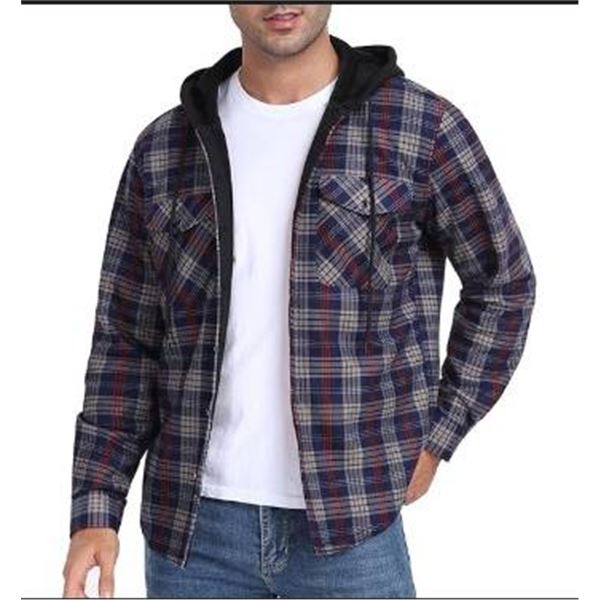 Askdeer Men’s Plaid Shirt With Hood, Gray and Red, Size XL
