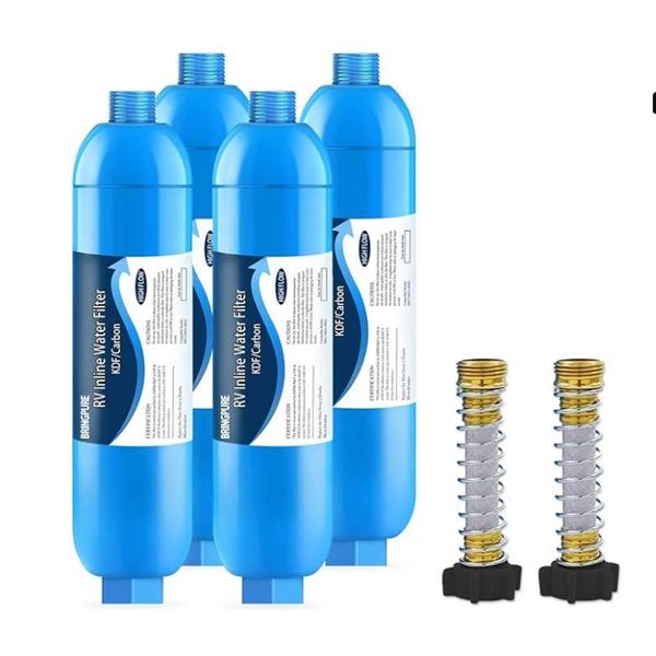 4 Pack Bringpure RV Inline KDF Water Filter with Flexible Hose Protector