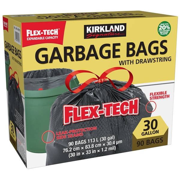 Kirkland Flex-Tech 30 Gallon Garbage Bags With Drawstring – 90 Bags