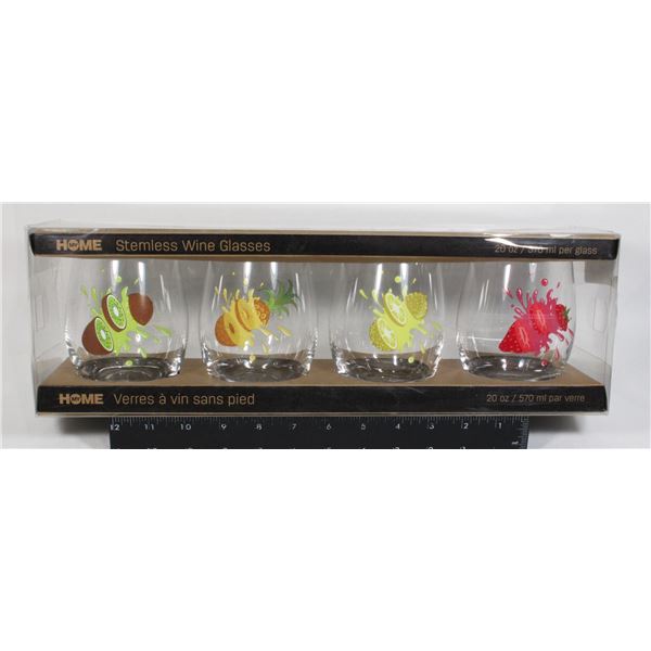 HOME 4 PACK STEMLESS WINE GLASSES NEW 20 OZ