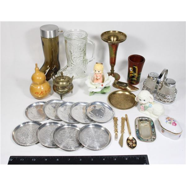 LOT OF TRINKETS INCL. AVON COLOGNE BOTTLE (EMPTY)