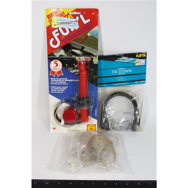 LOT OF ITEMS 2 TIE DOWN STRAPS, 2 PLASTIC STRAPS..