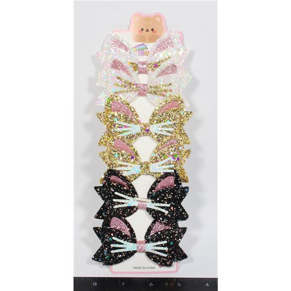 NEW 6 PCE SET GLITTER CAT BOW ALLIGATOR CLIP HAIR