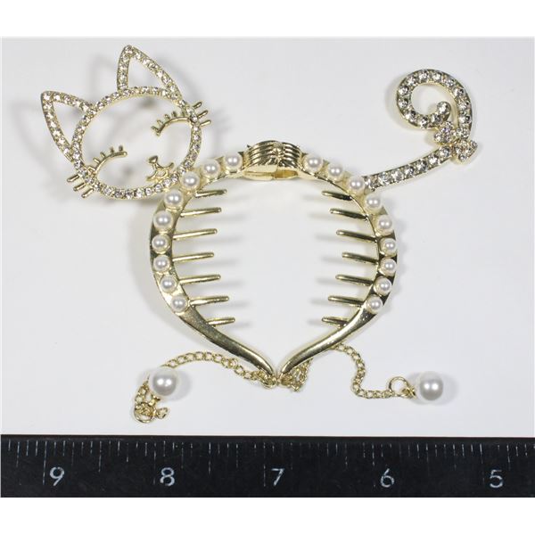 NEW RHINESTONE AND FAUX PEARL CAT DESIGN BUN HAIR
