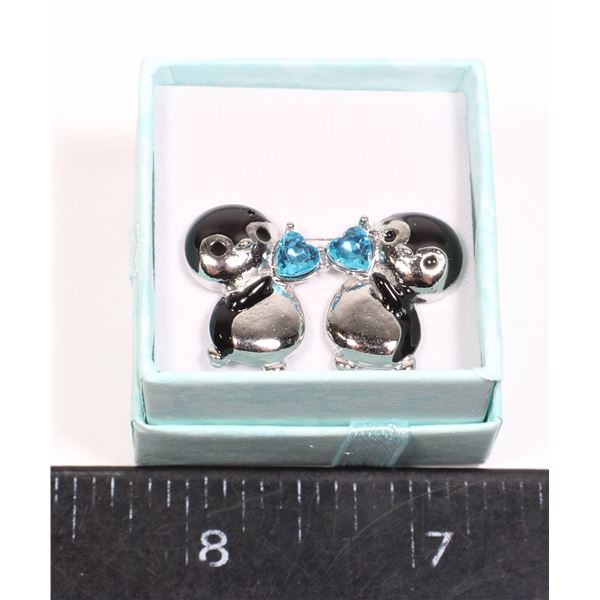 NEW PENGUIN HOLDING A BLUE HEART STUD EARRINGS