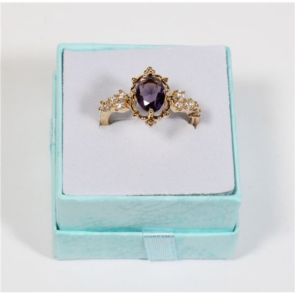 NEW SIZE 7 GOLD TONE PURPLE OVAL RHINESTONE RING