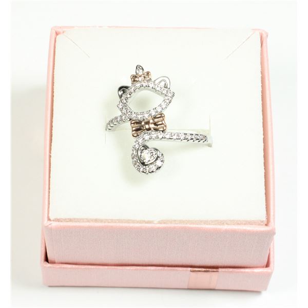 NEW SIZE 8 SILVER TONE KITTEN WITH BOWS RHINESTONE
