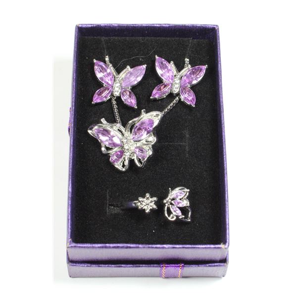 NEW SILVER TONE PURPLE BUTTERFLY JEWELRY SET.