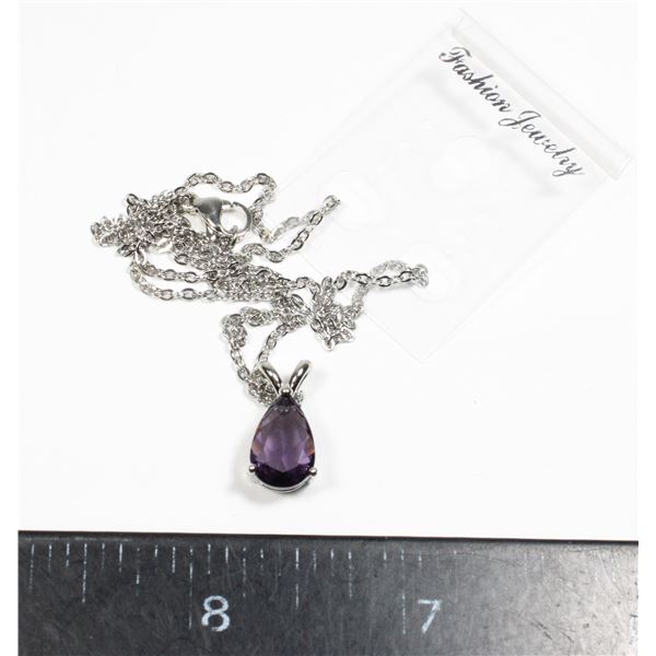 NEW PURPLE ZIRCONIA TEAR DROP PENDANT AND CHAIN