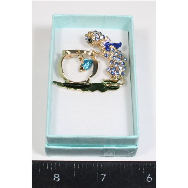 NEW BLUE RHINESTONE CAT WITH OPEN FISH BOWL BROOCH