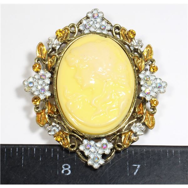 NEW ANTIQUE CAMEO STYLE YELLOW LADY BROOCH