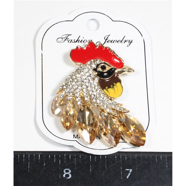 NEW RHINESTONE ROOSTER BROOCH