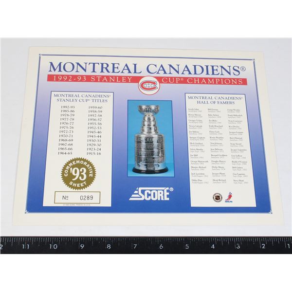MONTREAL CANADIENS 93' STANLEY CUP COMMEMORATIVE