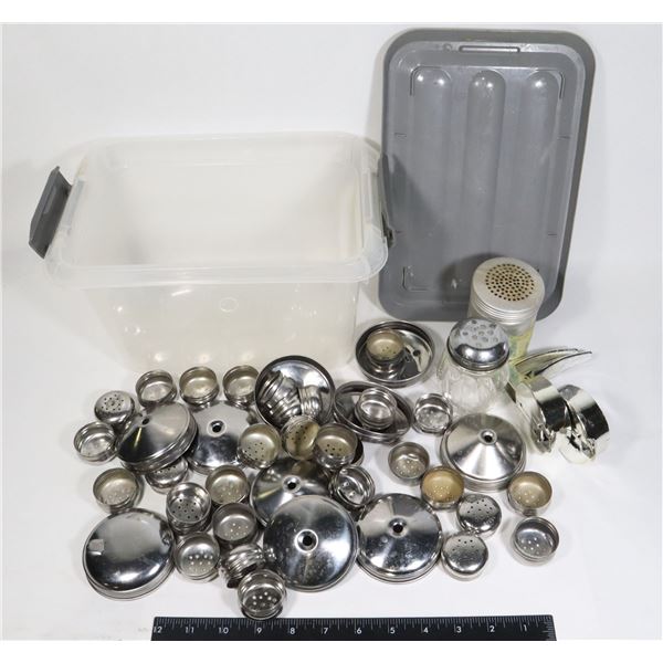 SMALL TOTE OF ASSORTED SIZE SHAKER LIDS