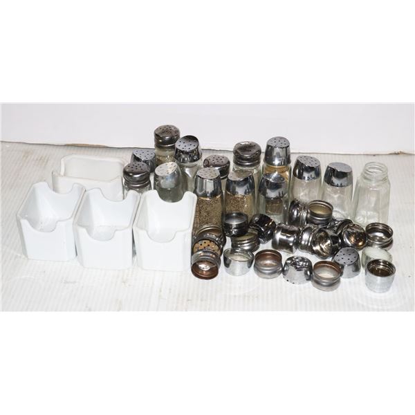 BOX OF SALT & PEPPER SHAKERS AND SUGAR