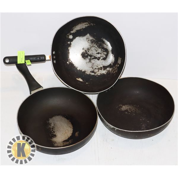 THREE FRYING PANS (APPROX 11" DIAMETER)