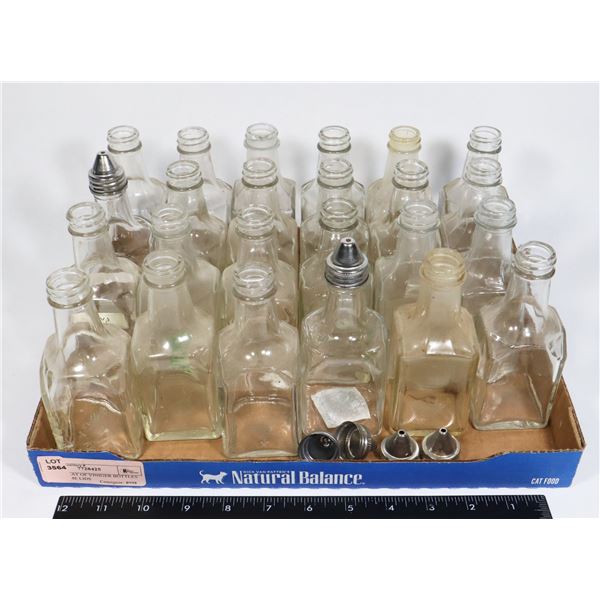 LARGE FLAT OF VINEGAR BOTTLES WITH SOME LIDS