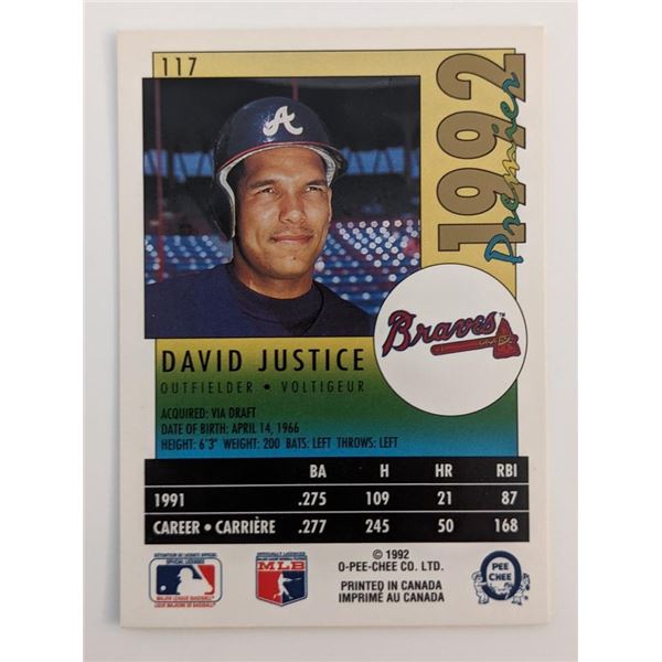 David Justice Braves Premier '92 O-Pee-Chee Baseball Card