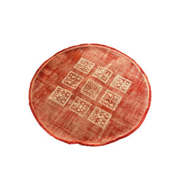 Round Disttressed Ruby & Gold Geometric Rug - Approx 60in