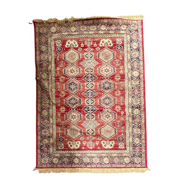 Traditional Crimson Tribal Rug with Intricate Ivory Fringe - Approx 64in x 88in