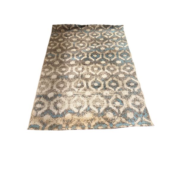 Modern Ikat Inspired Geometric Rug in Teal And Sand - Approx 64in x 88in