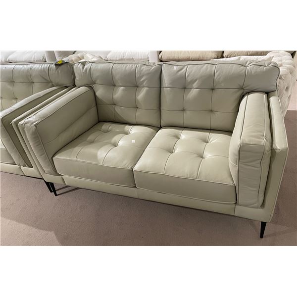 New - Tufted Leather Loveseat - Light Grey - Retail Price: $4,289 - W63" x D34"