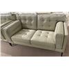 Image 1 : BNIB - Tufted Leather Loveseat - Light Grey - Retail Price: $4,289 - W63" x D34"