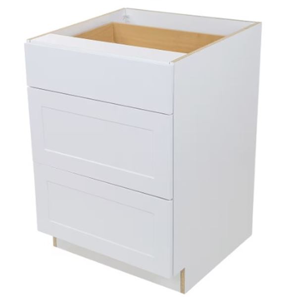 BNIB Hampton Bay Edson 24" 3-Drawer Base Cabinet - White, RV: $665 CAD (1001 464 931)