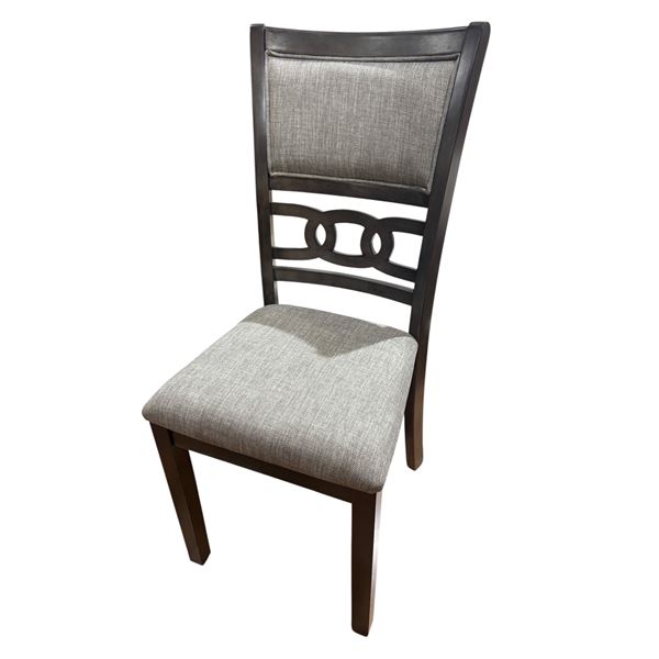 Set of 2 gray dining chairs with chain-link pattern backrest