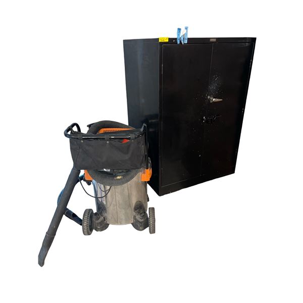 Group of 3 - Ridgid 16 Gallon Shop Vacuum, Sears Craftsman Vacuum with Blowe, and Metal Storage Cabi