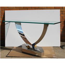 Greg Sheres, Modern Glass Table, Glass Chrome Brass