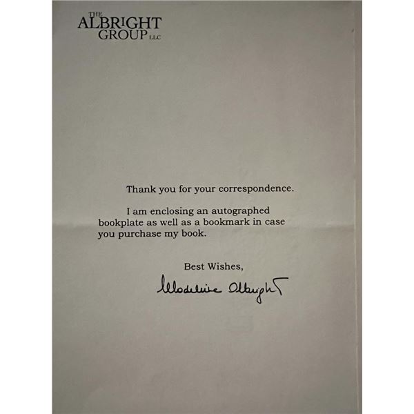 Madeleine Albright facsimile signed note. 5x8 inches