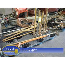 PALLET OF SLEDGE HAMMERS , HOES, SQUEEGEES; 