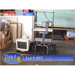 MONITOR, WATER CAN, CHAIR, DESK, & MATS; 