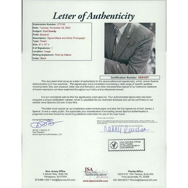Sportscaster Curt Gowdy signed photo. JSA Authenticated