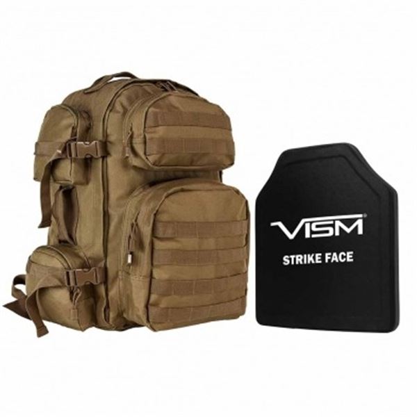 Tactical Backpack w/10"x12" Level III+ STR's Cut PE Hard Ballistic Plate - Tan