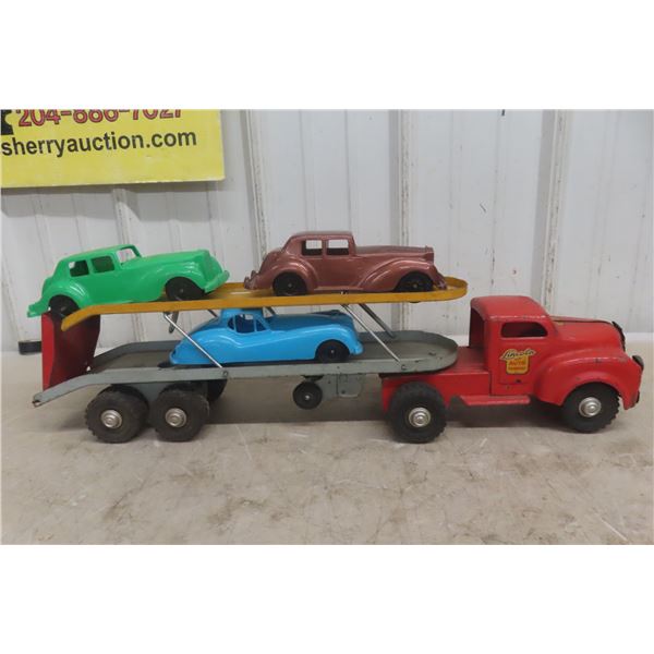 Lincoln Auto Transport Truck and Trailer Pressed Metal 1940s or 1950s 25" Plus 3 Plastic Cars