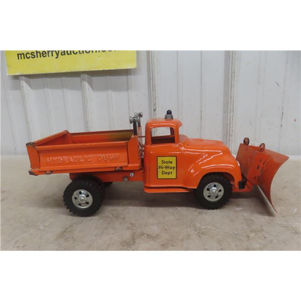 Tonka State Highway Dept Hydraulic Dump Truck with Snowplow Pressed Metal 1956 or 1957 15"