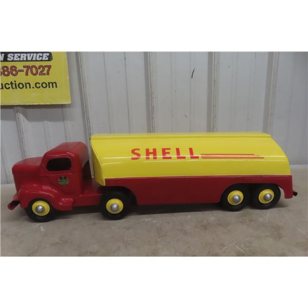 Otaco Minnitoy Shell Tanker Truck and Trailer Pressed Steel 1940s or 1950s 28" Long - Professionall