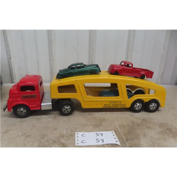 Structo Auto Transport Car Carrier 1950s Pressed Steel Plus 3 Metal Cars