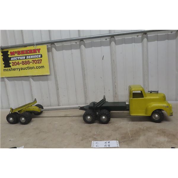 All American Toy Company Timber Toter Log Truck and Trailer 1950s Pressed Steel 30" Long Adjustable