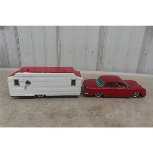 Bandai Chevrolet Corvair Tin Litho Friction Car w/Camper, 1961, 17" Long